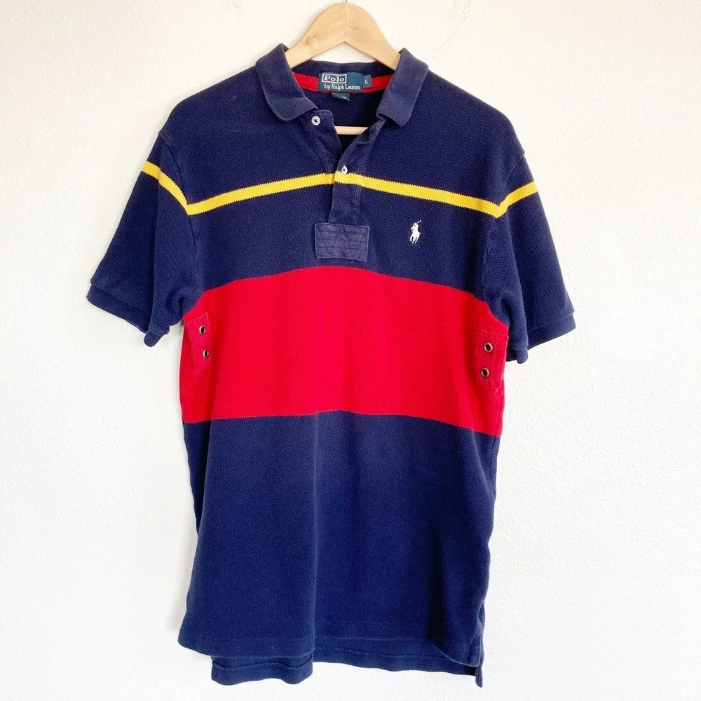Vintage Polo Ralph Lauren Rugby Polo Shirt Mens L Blue Stripe Cotton Pique